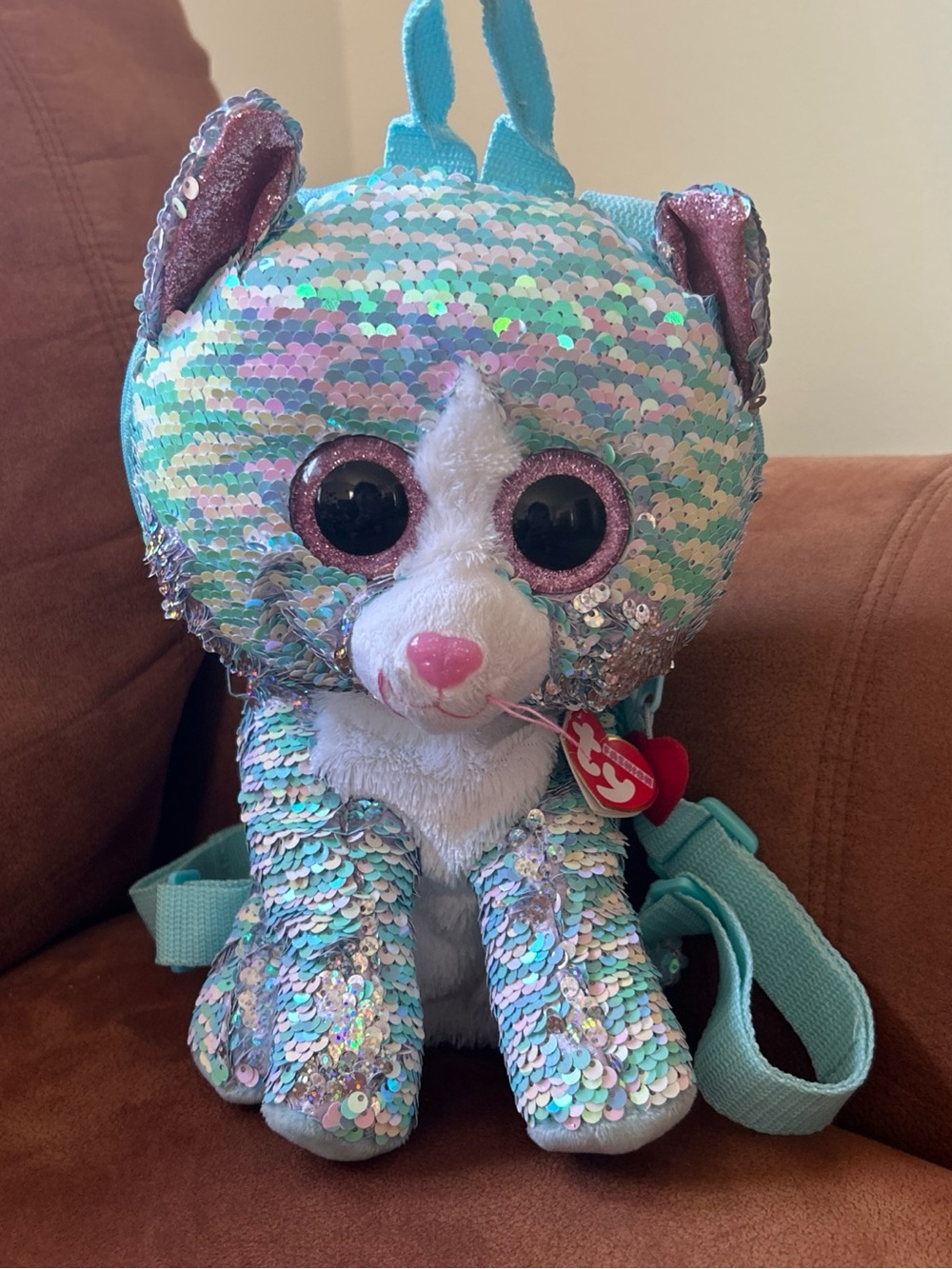 Ty Sequin Cat Plush Backpack in Aqua with Pink Accents